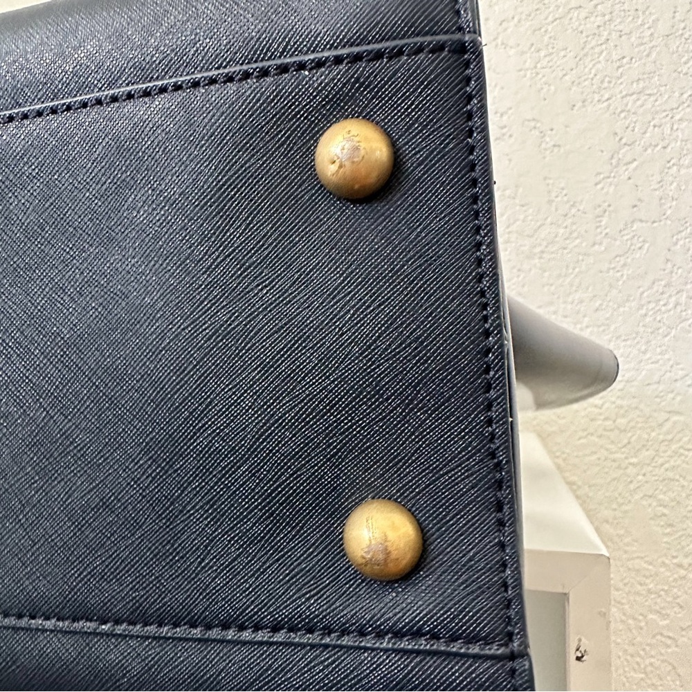 Zac Posen Eartha Satchel Navy Blue Patent Saffiano Leather Gold Purse Bag - Picture 9 of 14